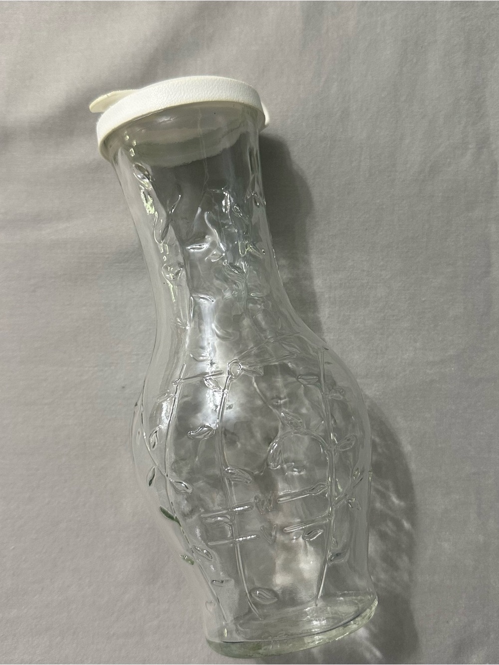 Vintage Good Seasons Glass Salad Dressing Cruet White Lid Embossed Leaf Design